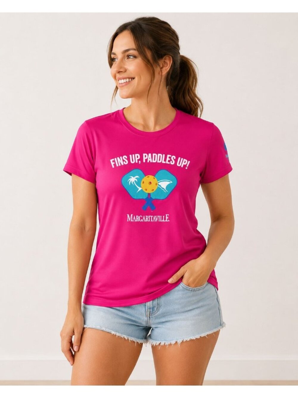 Margaritaville Womens Fins Up Paddles Up T-Shirt Graphic Tee Bright Pink Small